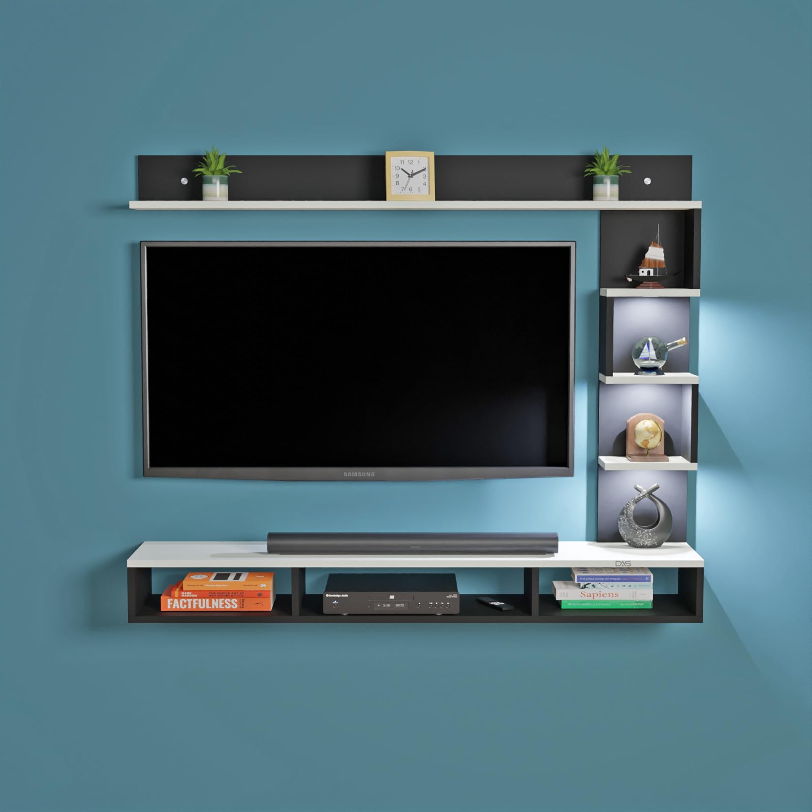 DAS Hubert LED Light Installed Wall Mount Engineered Wood TV Entertainment Unit/Tv Rack Set to Box Stand with Wall Shelves for Living Room Black & Frosty White Finish (Ideal for up to 43") Screen-image-48
