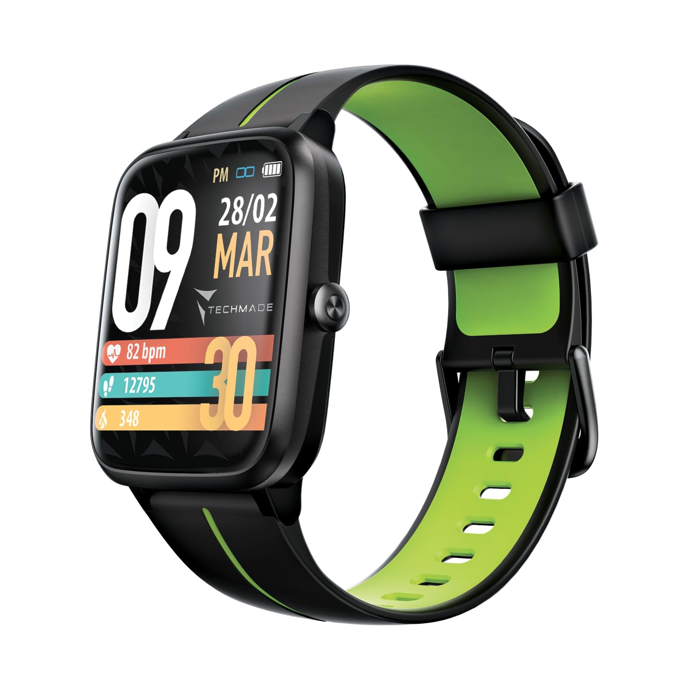 TECHMADE MOVE Smartwatch Unisex con Contapassi, Frequenza Cardiaca, Sonno, Sport CON GPS INTEGRATO, per attività in door e out door | Android e iOS (cinturino nero con riga verde)