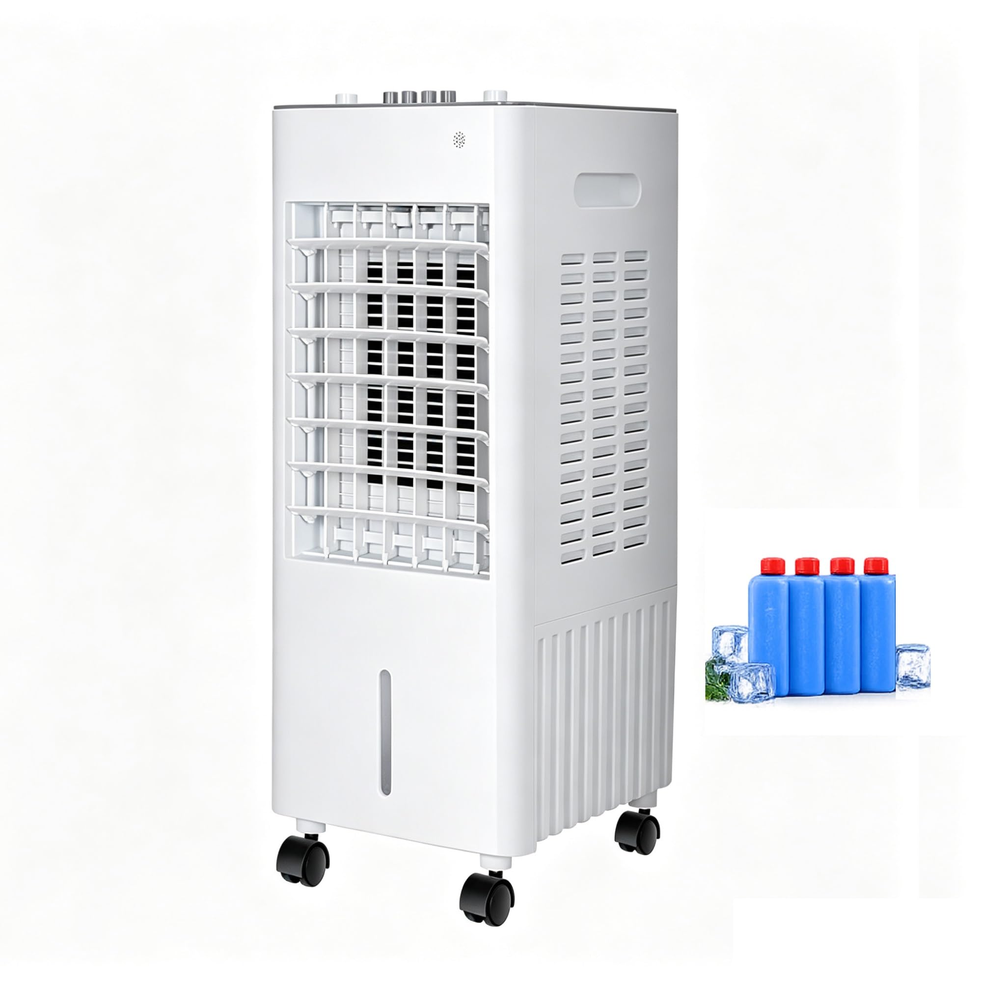 Refroidisseur d’Air Évaporatif Portable 10L, Refroidissement à Eau Silencieux 3 Vitesses avec Oscillation 90°, Flux d’Air 6M, 4 Packs de Glace et Roues 360° pour Chambre et Bureau