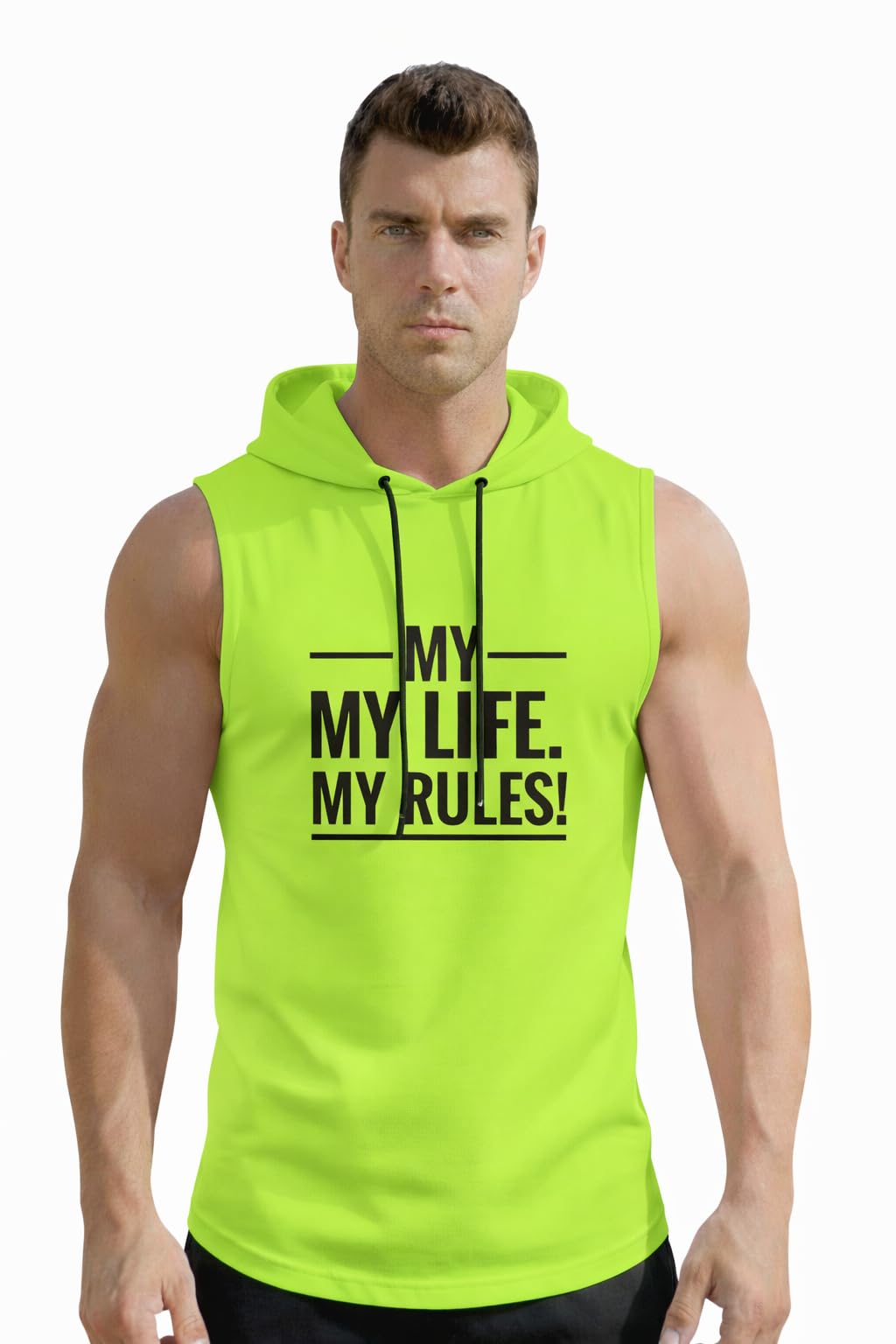 Men's Sleeveless Gym Hoodie with Motivational Print, Black, My Life My Rules Design-picture-53
