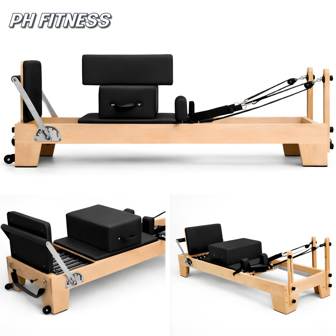 PH Fitness Pilates Reformer Madera – Máquina profesional de Pilates (plegable o modelo fijo) con 5-6 muelles, barra de pies ajustable (7 posiciones), caja incluida – Cuerpo completo y rehabilitación