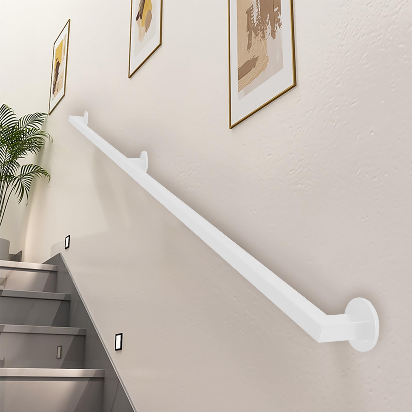 Garde-Corps Industriel en Fer forgé, Main Courante en Tuyau carré Blanc, Barre d'appui d'escalier de sécurité Robuste de 80 cm 100 cm 1,5 m 2 m 3 m 4 m 6 m, Support Mural(150cm)