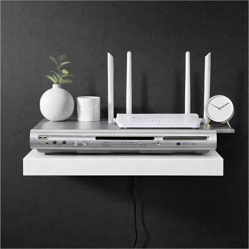Estante flotante de pared de 45 cm, TV Sky Box, DVD, PS4, X-box, espacio para cables, decoración de la sala de estar, enchufe de pared y tornillos incluidos