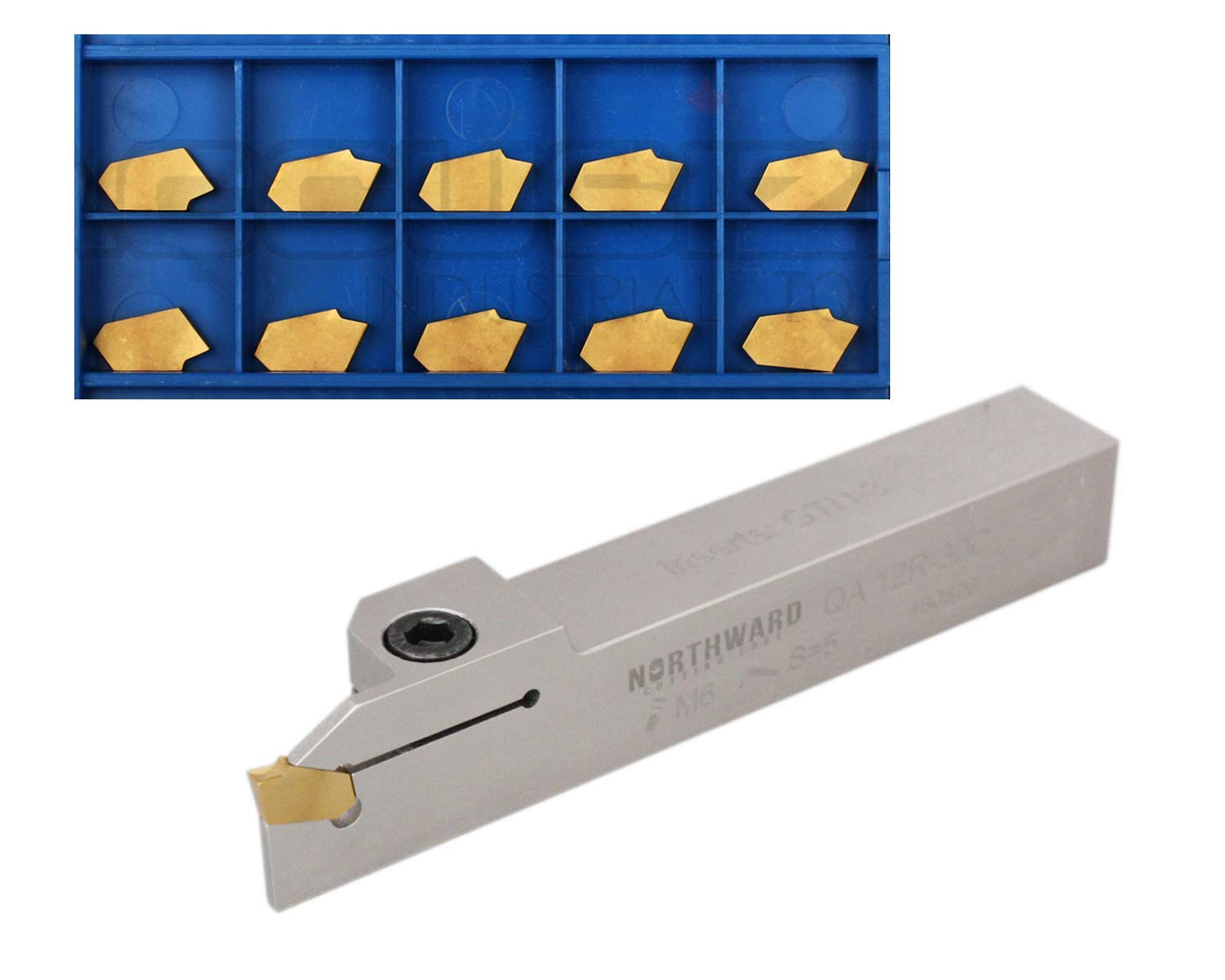 Accusize Industrial Tools 3/4'' Heavy Duty Indexable Grooving Cut-Off Holder, Nickel Plated, with 11 Gtn-3 Tin Coating Carbide Inserts, 2415-5030INS