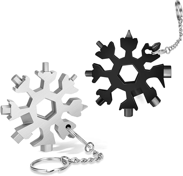 DOOGAXOO 18-in-1 Snowflake Multi Tool,Function Stainless Steel Bottle Opener/Wrench, Flat Cross Screwdriver Kit Snowflake, Outdoor Durable and PortableGreat Gift for Mens (Black+Sliver)