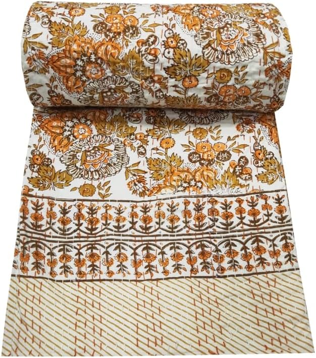 YUVANCRAFTS Indian Block Print Quilt Queen Kantha Quilts Kantha Throw Kantha Bedspread Blanket Cotton Bed Cover Quilt Boho Kantha Quilts Bedspread (Orange, Queen 90 X 108 Inch)
