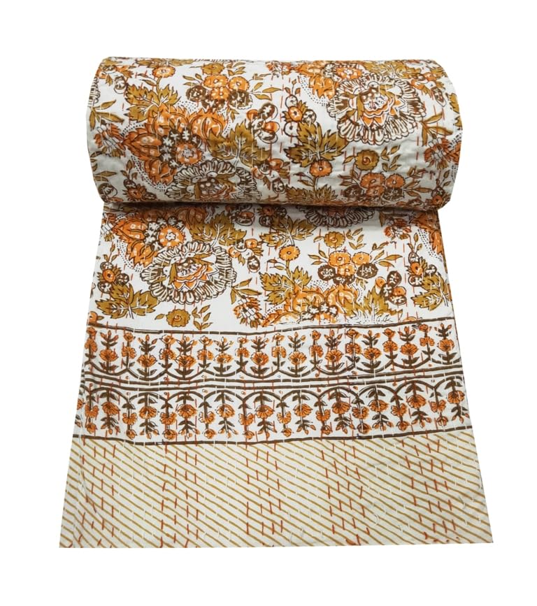 MAVISS HOMES Indian Hand Block Print Kantha Quilt - Queen Size Bedspread, White Cotton Throw Bedding (90 X 108 Inch, Orange)