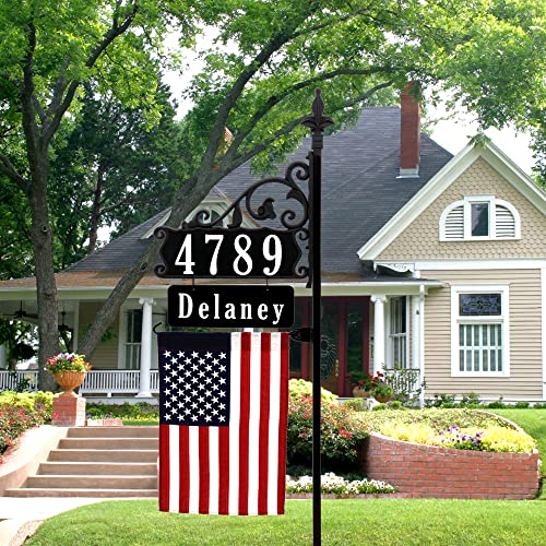 Address America Super Reflective USA Handcrafted Boardwalk Home Address Sign For Yard - With Name Rider And American Flag - 58" Post
