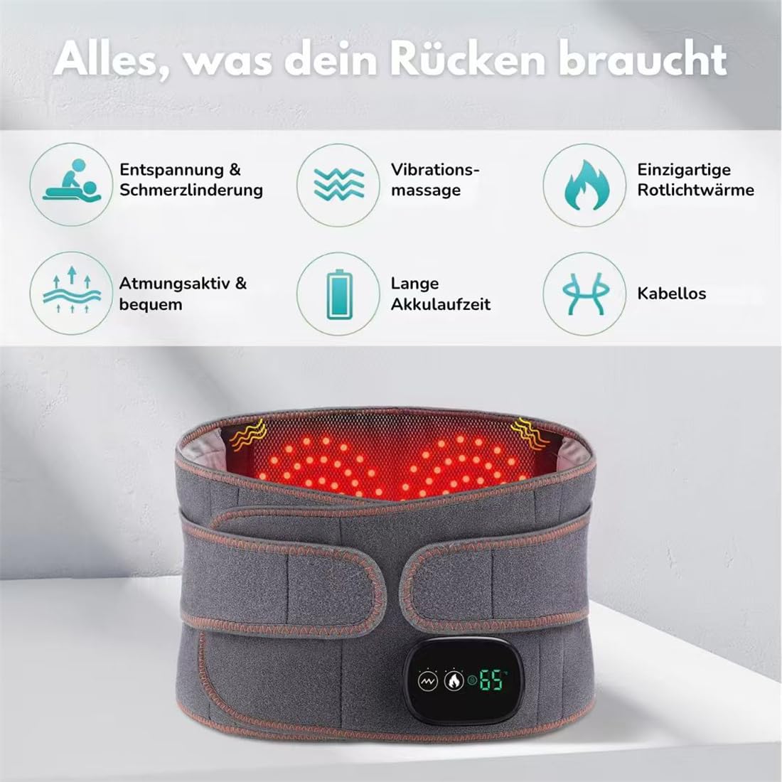 Damen und Herren Orthopädischer Rückengurt mit Rotlicht-, Wärme- & Vibrationstherapie – Verstellbarer Lendengurt 70–132cm zur Schmerzlinderung bei Rücken & Bandscheiben