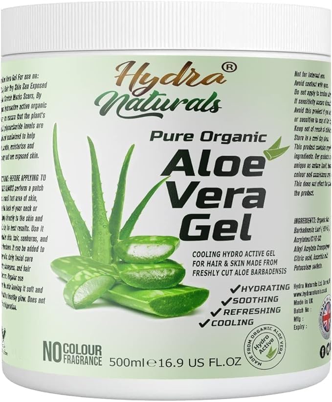 Hydra Naturals 100% Pure Organic Aloe Vera Gel 500ml Made from Freshly Cut Aloe for Face, Body, Hair, Sunburn, After Sun, Scars, Hydrating Cooling Refreshing Vegan Cruelty-Free