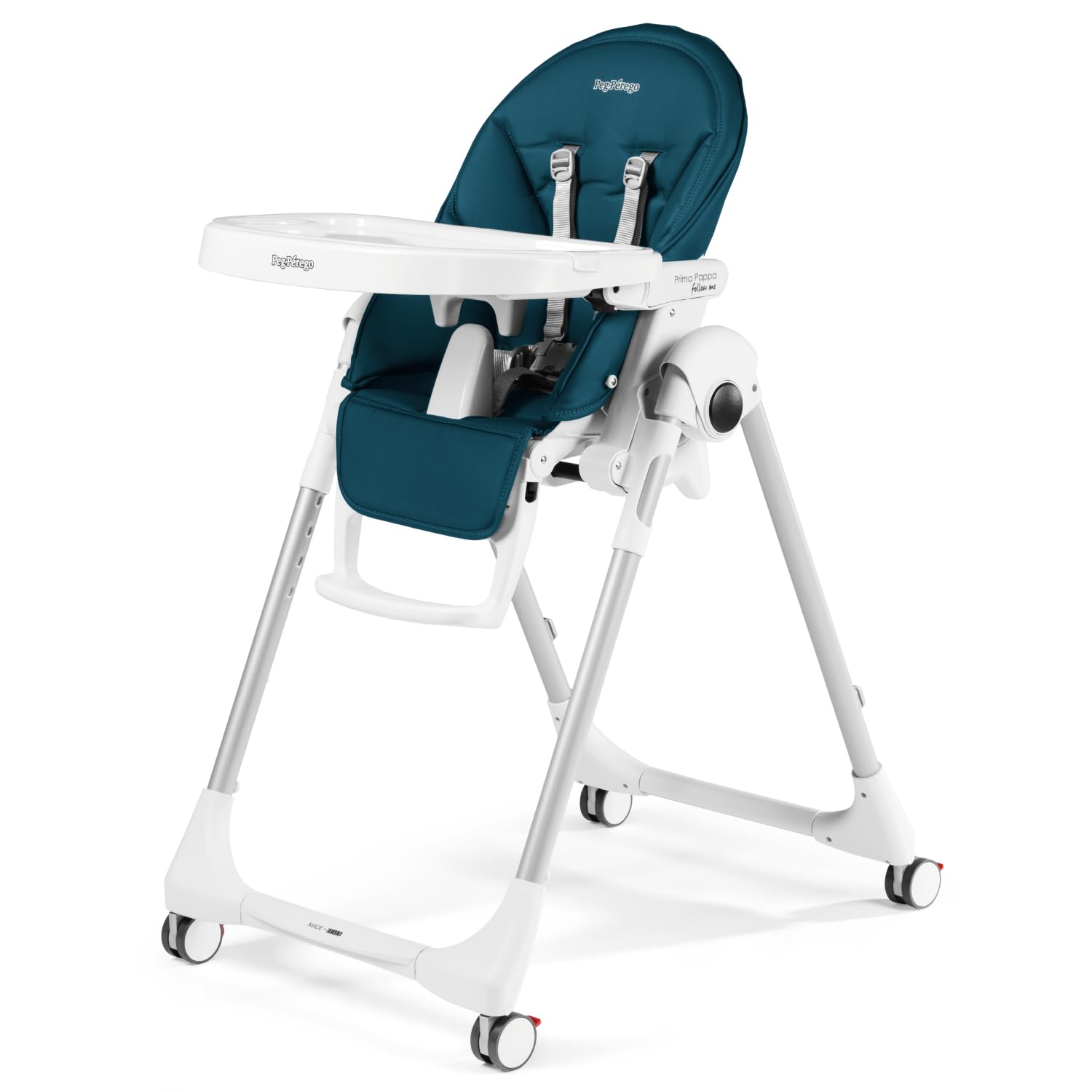 Peg Perego Prima Pappa Follow Me Seggiolone Pappa Neonati Reclinabile, Funzione Sdraietta, 4 ruote, Pieghevole e Ultracompatto, per Bambini da 0 a 3 Anni (0-15 kg), Petrolio