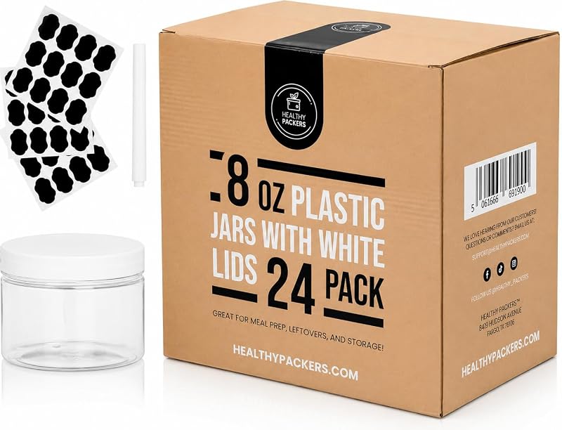 Healthy Packers Frascos Plásticos Transparentes com Tampas Brancas, Pacote com 24