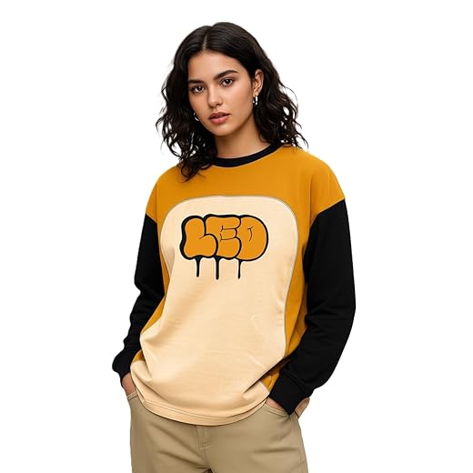 LEOTUDE Full Sleeve Cottonblend Oversized Tshirt for Women, Round Neck Longline Printed Drop Shoulder Colourblocked Baggie Tops for Women (Color: Mustard)