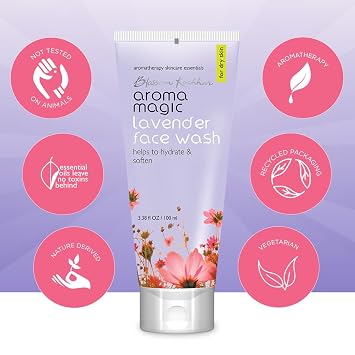 Aroma Magic Lavender Face Wash | Hydrates & Softens Skin | Helps Prevent Aging | Soothing & Refreshing Facial Cleanser | for Dry Skin | 3.38 Fl Oz/100ml