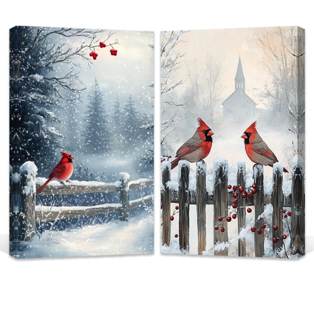 LMYSXAOZ Cardinal Wall Art Set 2 Winter Red Birds Picture for Snow Scene Paintings Christmas Home Decorations Framed(Red,16.00"x24.00"x2P)