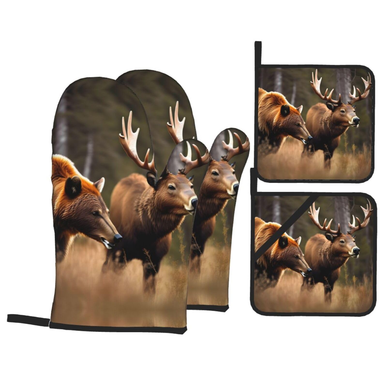 Nimongt Black Wildlife Hunting Deer Bear Elk Print Heat-Resistant 4-Piece Oven Kitchen Gloves For Baking Cooking Microwaving Essentials