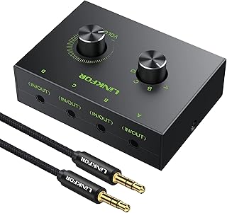 LiNKFOR 3.5mm Audio Switch 4 Ports Bidirectional 4 Inputs 1 Output 1 Input 4 Outputs with Rotary Button Graduated Passive …