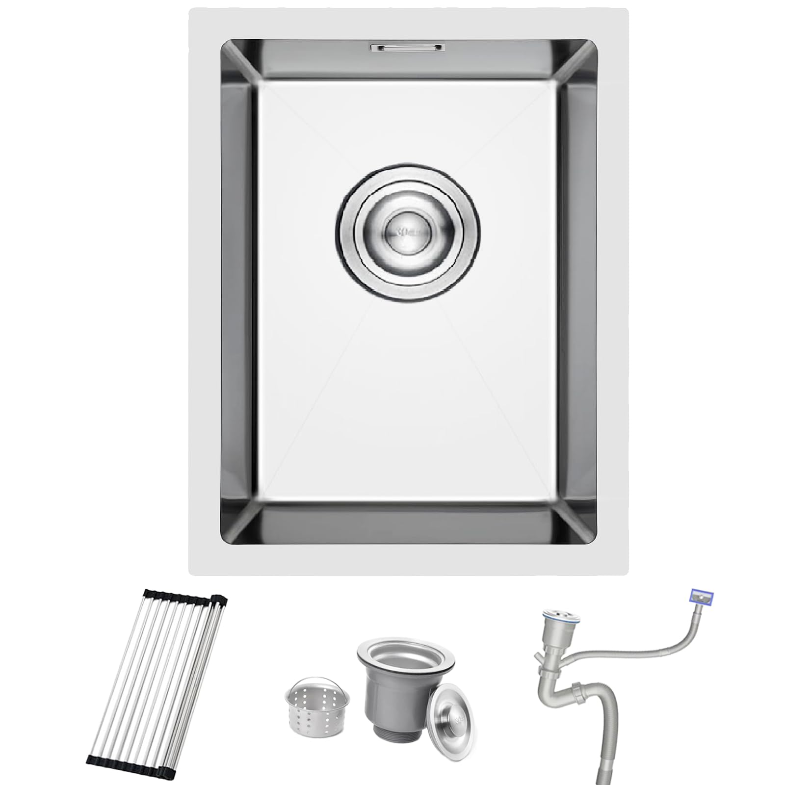 304 Stainless Steel Kitchen Sink, 35X45CM Small Sink, Undermount Single Bowl Outdoor Campervan with Overflow, Drainer Fittings, Roll up Rack, Drop in Flushmount or Topmount Installation, Brushed