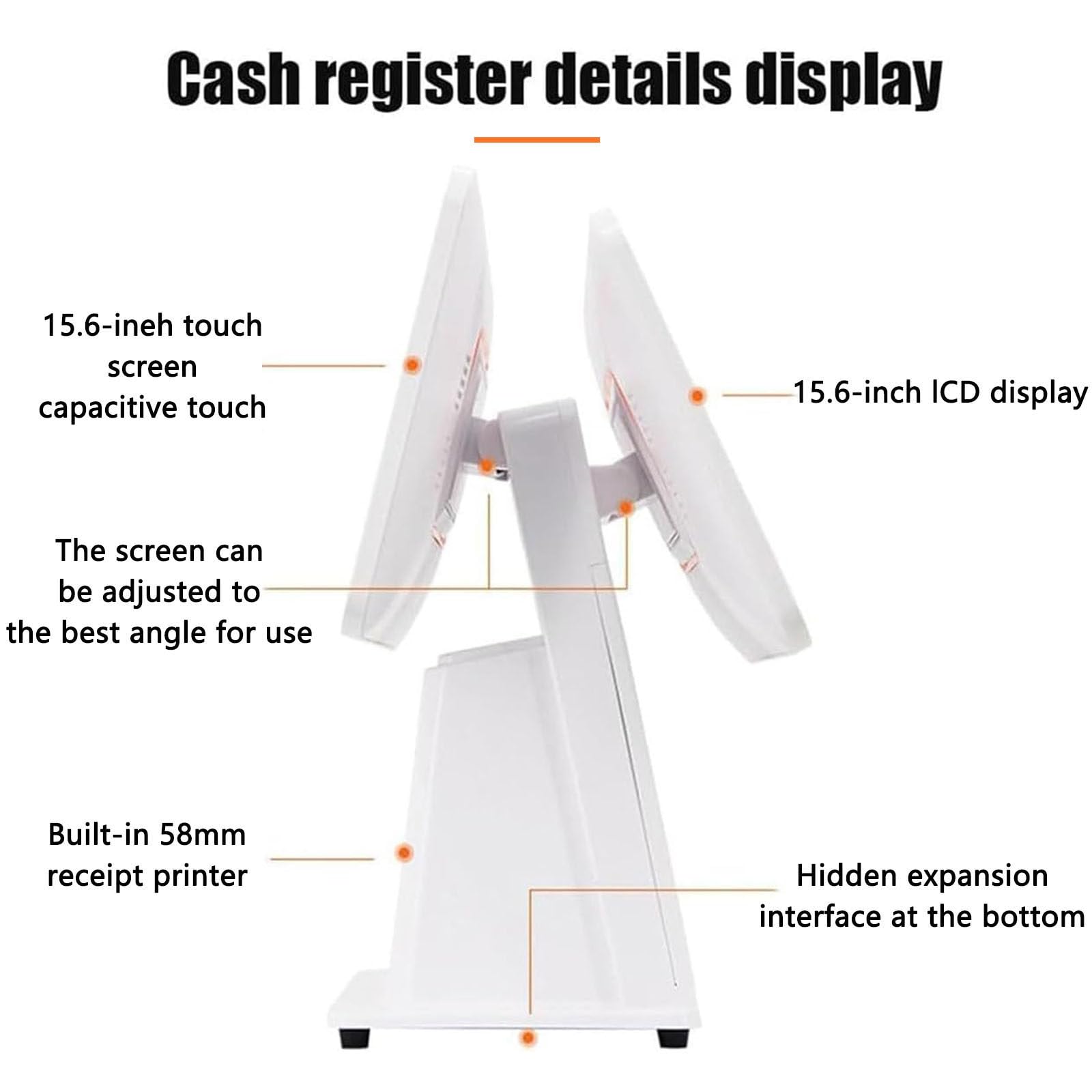 Dotykowy Cash Register, kasa POS, maszyna kasowa z ekranem dotykowym 15,6” White | regulowany kąt dla handlu detalicznego, dla kasy fiskalnej PC Kiosk Office Retail