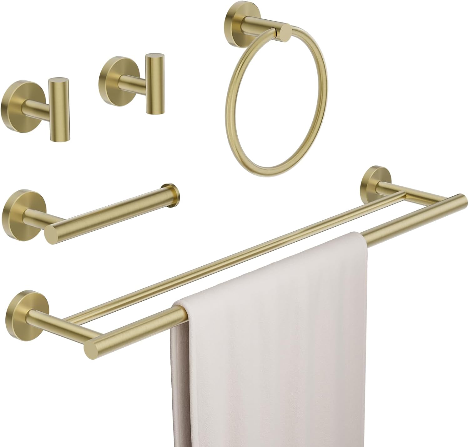 Bathroom Hardware Accessories Set 5 Pieces Brushed Gold 24" SUS 304 Stainless Steel Bath Double Towel Holder Bar Set Towel Rack Combination Wall Mounted for Kitchen, Laundry, Bedroom