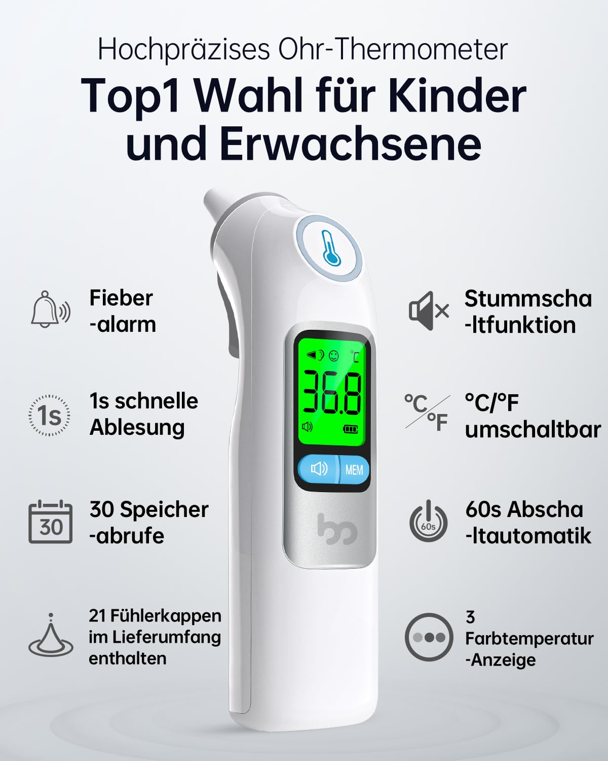 Femometer Termómetro de fiebre para adultos y niños, 1 segundo resultado, termómetro de oído de alta precisión, alarma de fiebre de 3 colores, con 21 cubiertas de sonda desechable