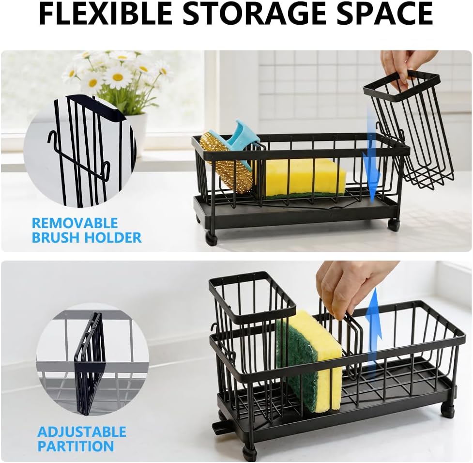 Sponge Holder for Kitchen Sink with Brush Holder Stainless Steel Sink Caddy Self-Draining Kitchen Countertop Organizer