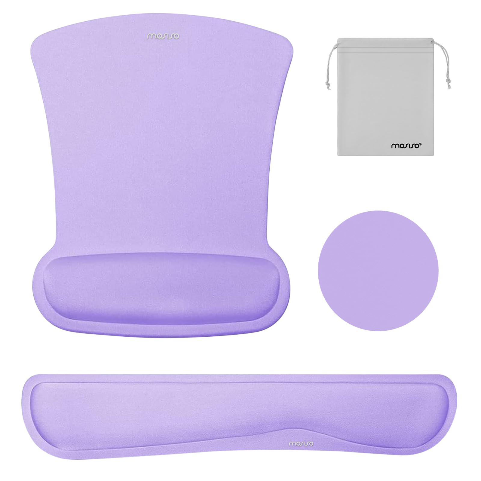 MOSISO Keyboard Mouse Wrist Rest Support Set, Keyboard&Mouse Wrist Rest&Coaster&Storage Bag, Ergonomic Non-Slip Mousepad&Easy Typing Cushion with Raised Memory Foam for Home Office, Purple