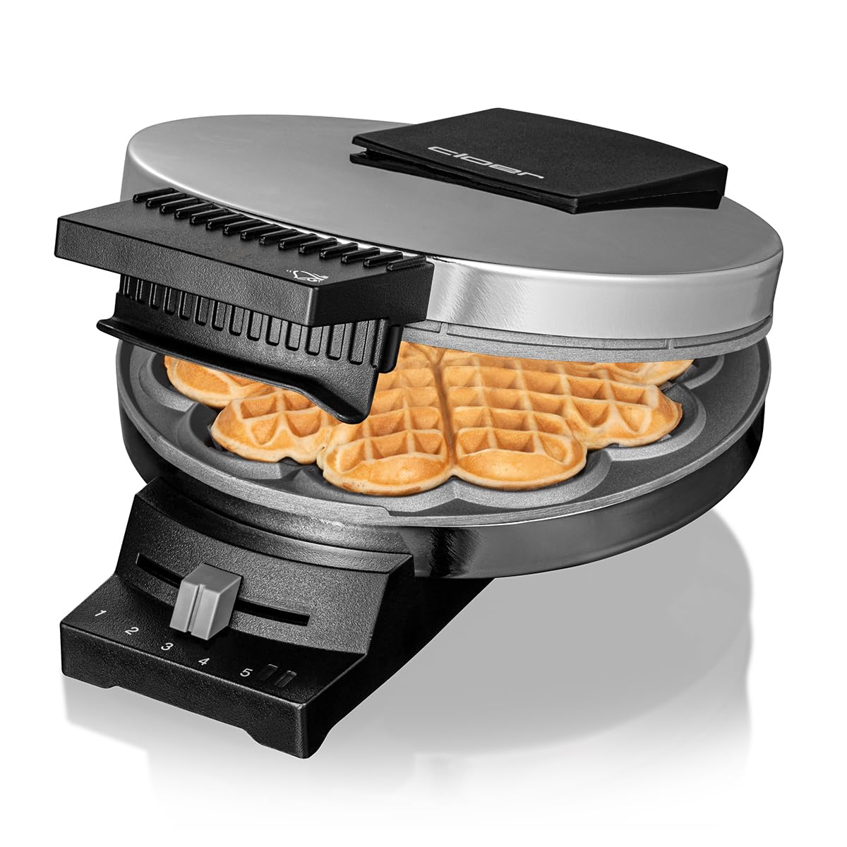Cloer 185 Piastra per Waffle, 930 W, dimensione di cialda 16 cm, piastre di cottura pesanti, segnale acustico e spia di cottura, corpo in acciaio inossidabile cromato