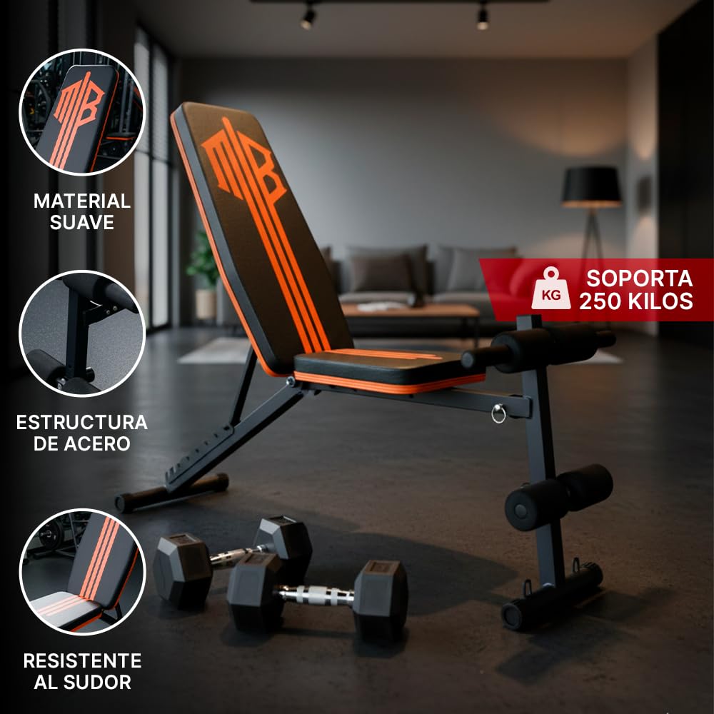 ManiBoom Banco Musculación PLEGABLE para Entrenamiento en Casa Banco de Pesas Robusto con Altura Ajustable 7 Niveles Tabla de Abdominales Cómoda y Fácil de Montar Maquina Gym Carga Máxima de 250KG