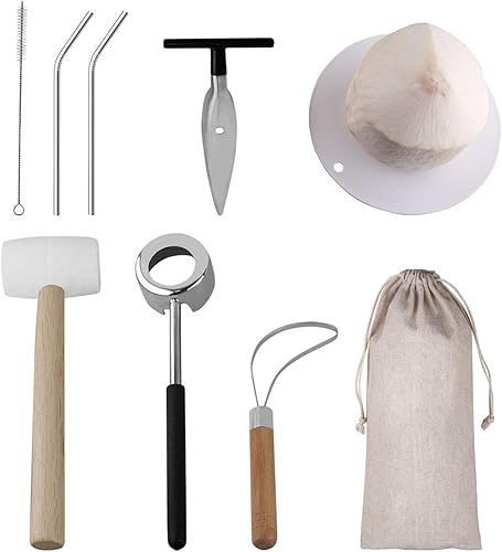 Coconut Opener Tool Set for Young Coconut - Coconut Opener Kit with Hammer - Food Safe Stainless Steel Coconut Opener Tools&Rubber Mallet | Meat