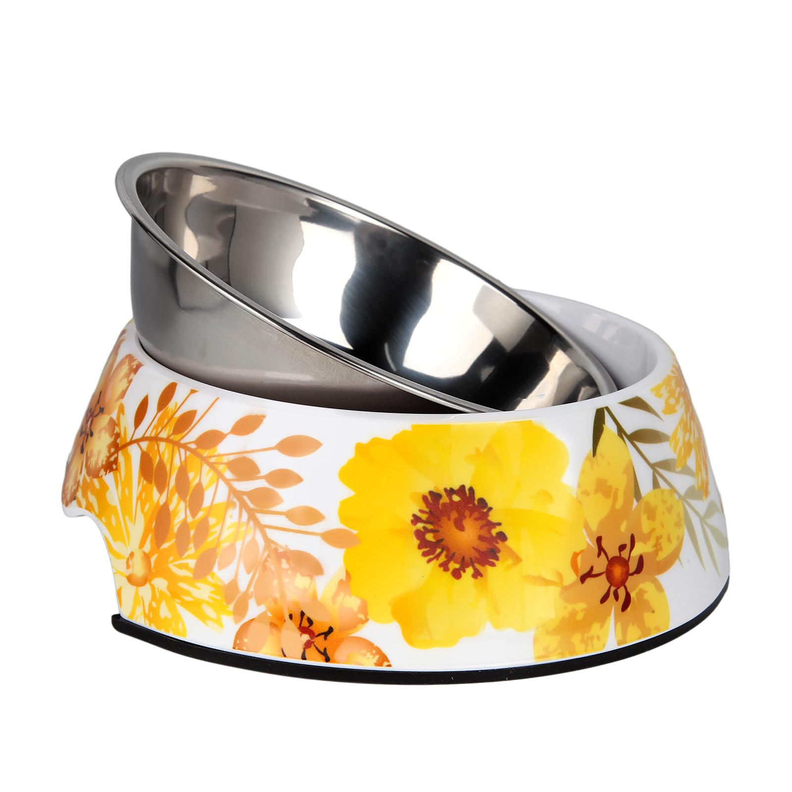 SLZZ Pet Cats Dogs 2 in 1 Food Water Bowls - Non Slip Skid Proof Heavy Duty Pet Cats Dog Food Water Bowls for Feeding Drinking Medium Dogs (Yellow Flower, M:14 OZ)