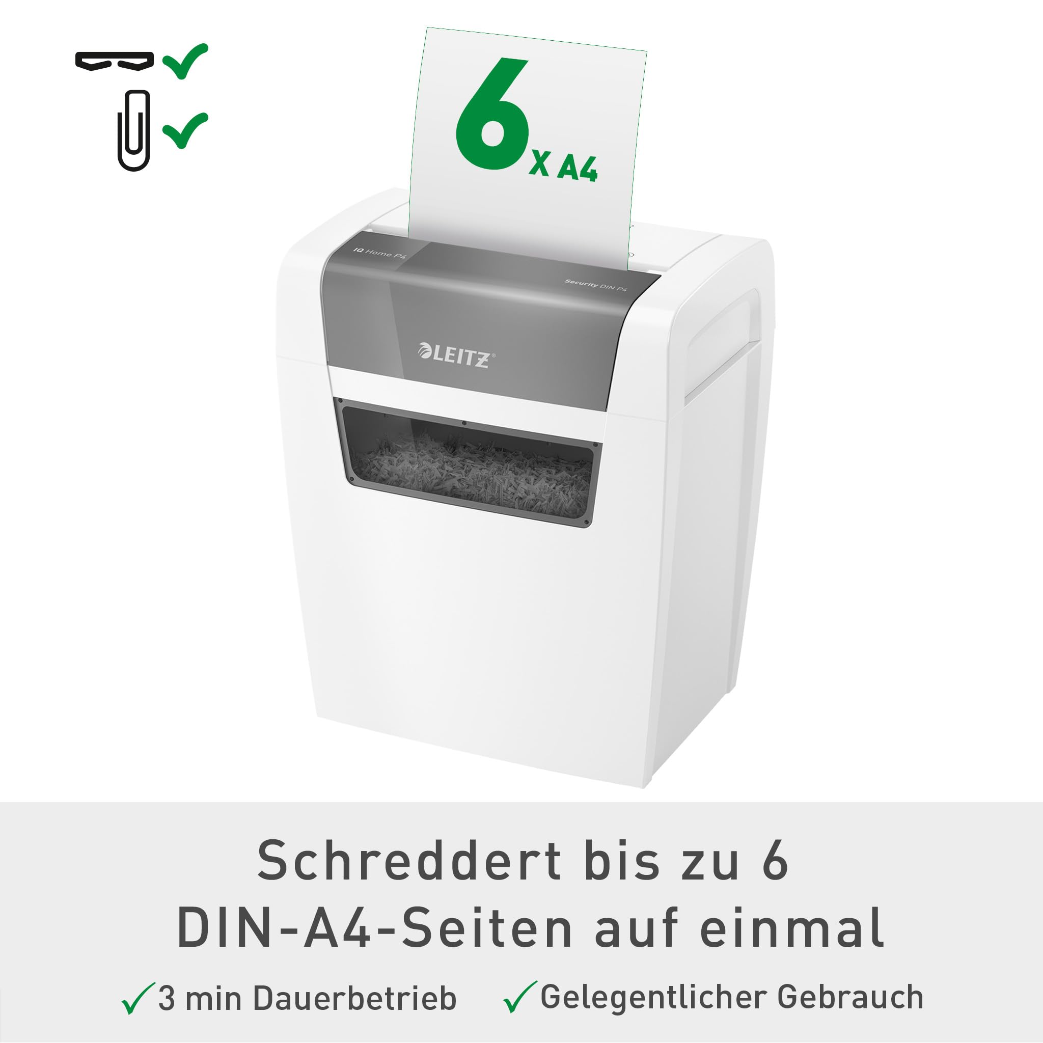 Leitz IQ Home Aktenvernichter, 7-6 Blatt (70-80 g/m²), TÜV+GS zertifiziert, Kleiner Partikelschnitt Schredder, Sicherheitsstufe P4, 15 Liter Behälter, Leise & kompakt für Home Office, Weiß, 80340000