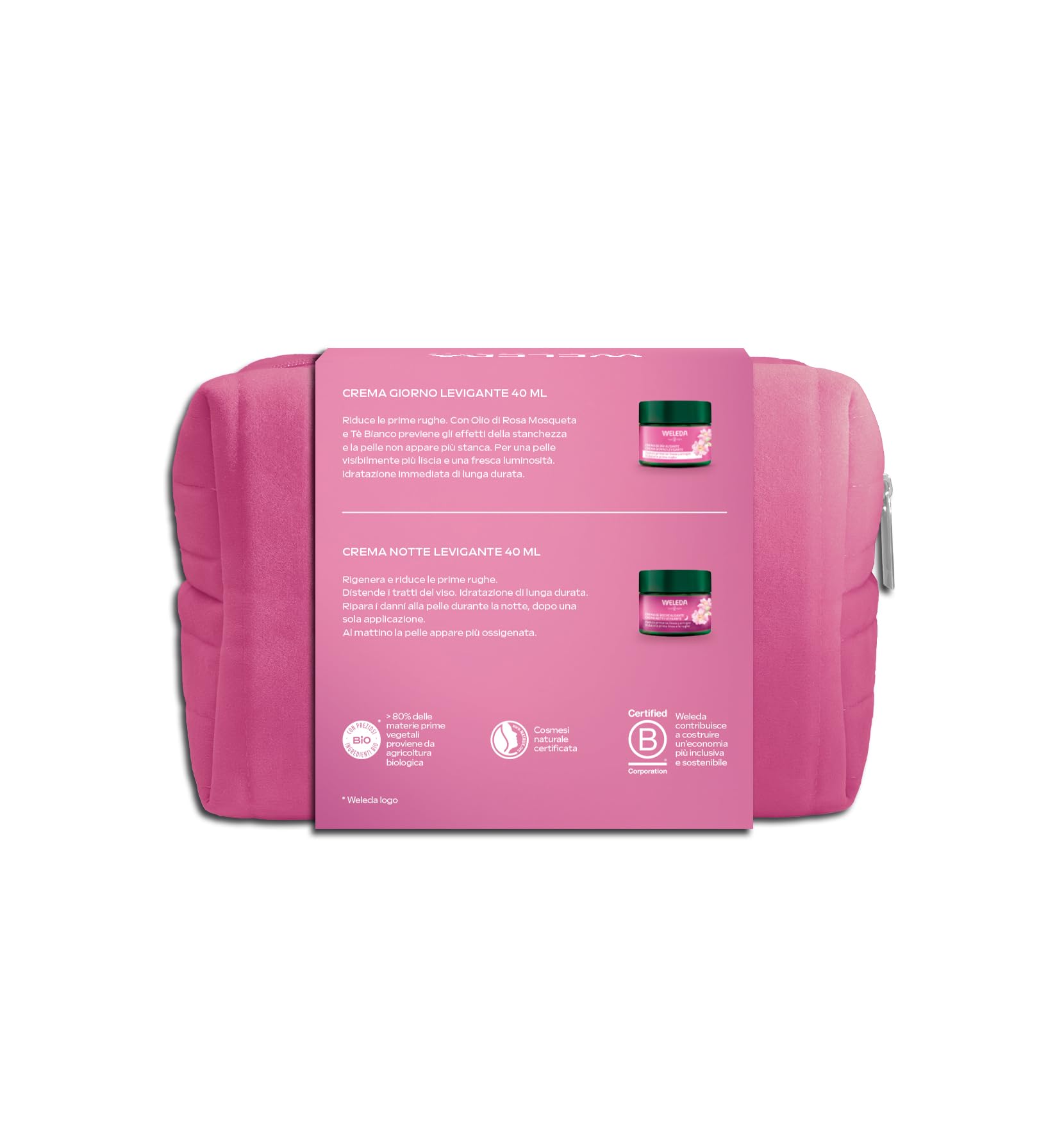 Weleda Kit Rituale viso Rosa Mosqueta, routine levigante per le prime rughe, con Crema Giorno e Crema Notte Rosa Mosqueta, idea regalo con pochette inclusa (2 creme x 40 ml)