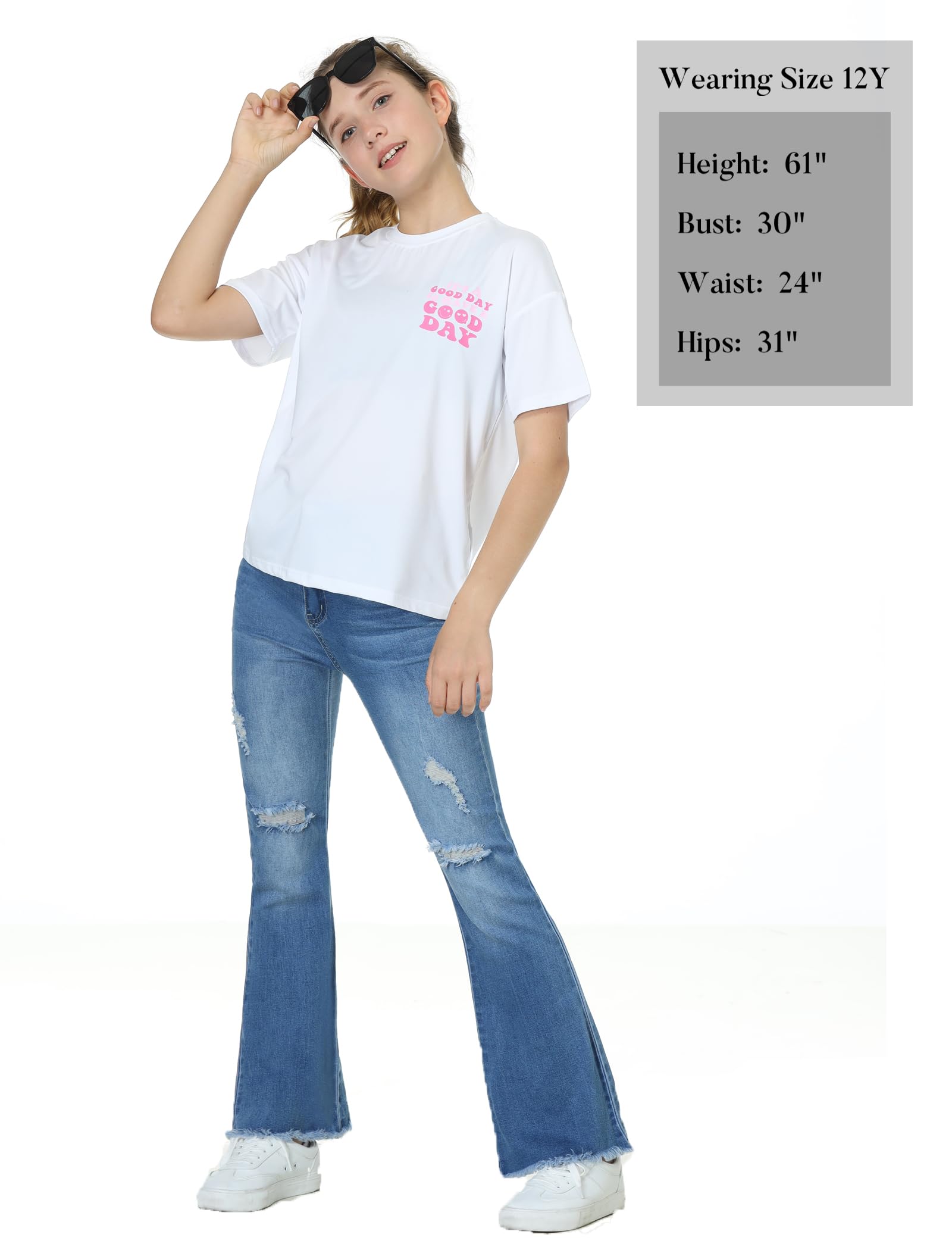 EXARUS Mädchen-Jeans, weites Bein/ausgestellt/Skinny Denim-Hose, zerrissen, hohe Taille, elastisches Band, leger, mit Taschen, Kinder 6–14 Jahre