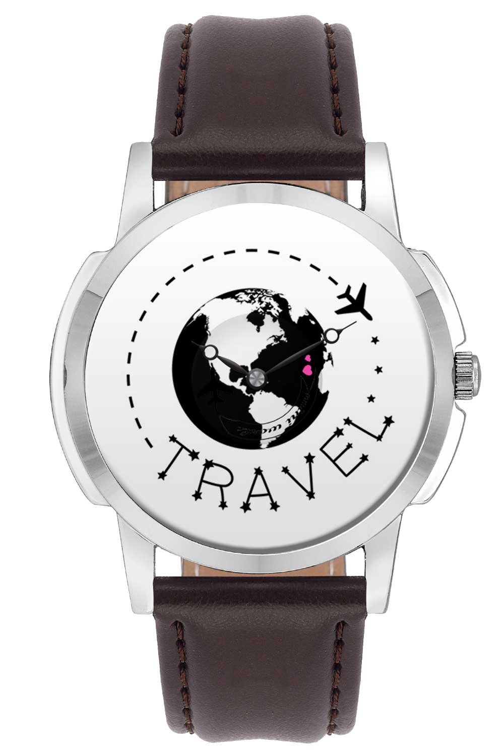 BIGOWLTravel Watch Travel The World Awesome Graphic Illustration World Map Design Leather Strap Casual Wrist Watch for Men - for Travellers - Watch with Moving Airplane Seconds Hands