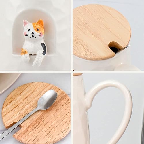 Miniatura 3 de Taza de café de cerámica, diseño de gato 3D con tapa y cuchara a juego, taza hecha a mano de dibujos animados para té, leche y chocolate, jugo
