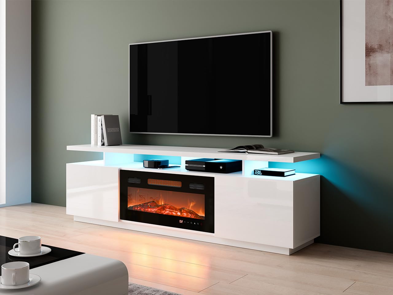 Mirjan24 Lostino - Armadio TV con camino elettrico LED, fiamma reale, fornello di cristallo, riscaldamento TV LED (Low board)