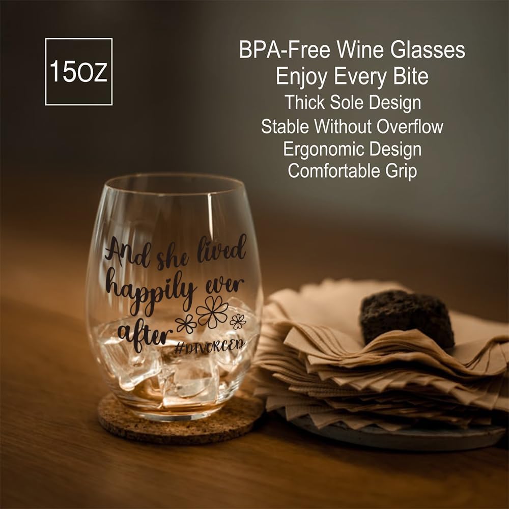 Perfectinsoy And She Lived Happily Ever After Divorced Stemless Wine Glass, Divorce Congratulation Retirement Feminist Gifts for Friends Coworkers Sisters Mom, Break Up Divorced Party Presents for her - Image 3