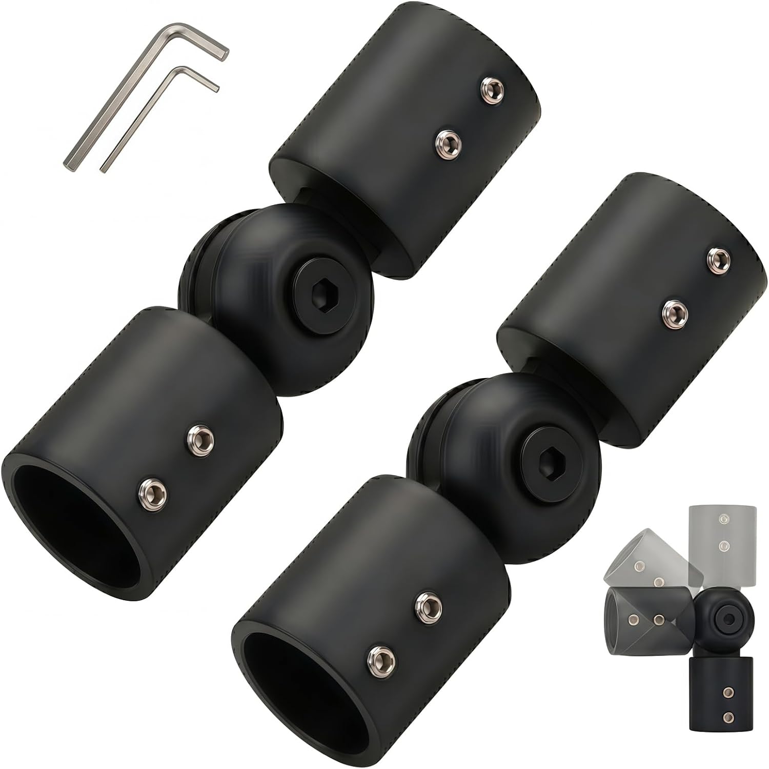 Heavy Duty Adjustable Corner Curtain Rod Connector, 2 Pack Black Metal Hinged Elbow Connector for 1 Inch Bay Window Curtain Rods & Blinds