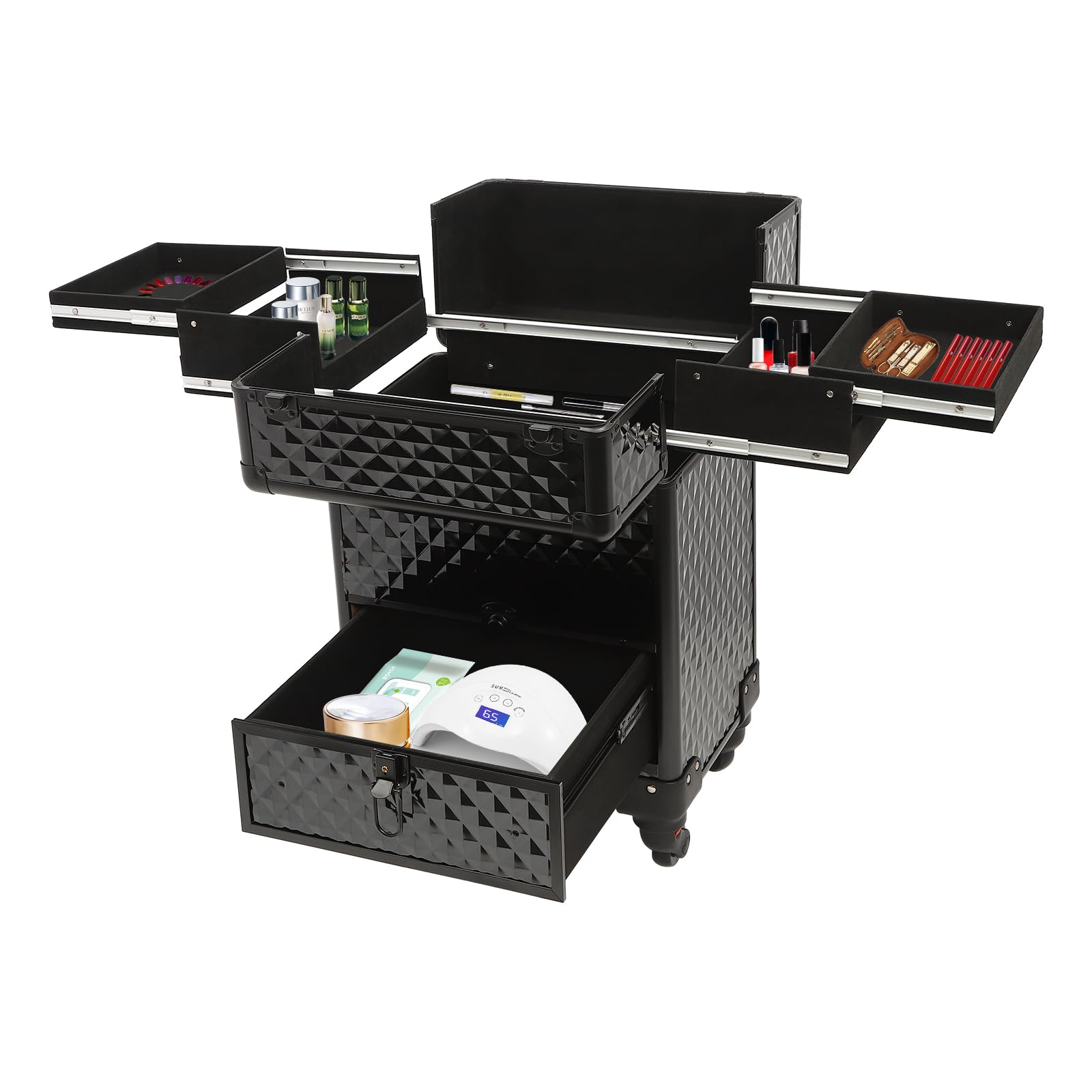 DRIKH Rolling Makeup Train Case, Manicure Storage Case Organizer Professional Makeup Trolley for Studio or Travelling Nail Technician Artists Cosmetologist Stylist (Black)