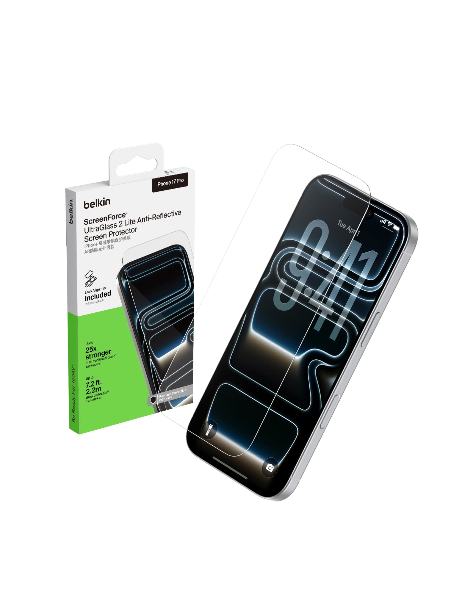 Belkin iPhone17 Pro対応 UltraGlass2 保護フィルム 強化ガラス ガラスフィルム 0.29mm 指紋・飛散防止 抗菌加工 改良取り付けガイド付き OVA193fq