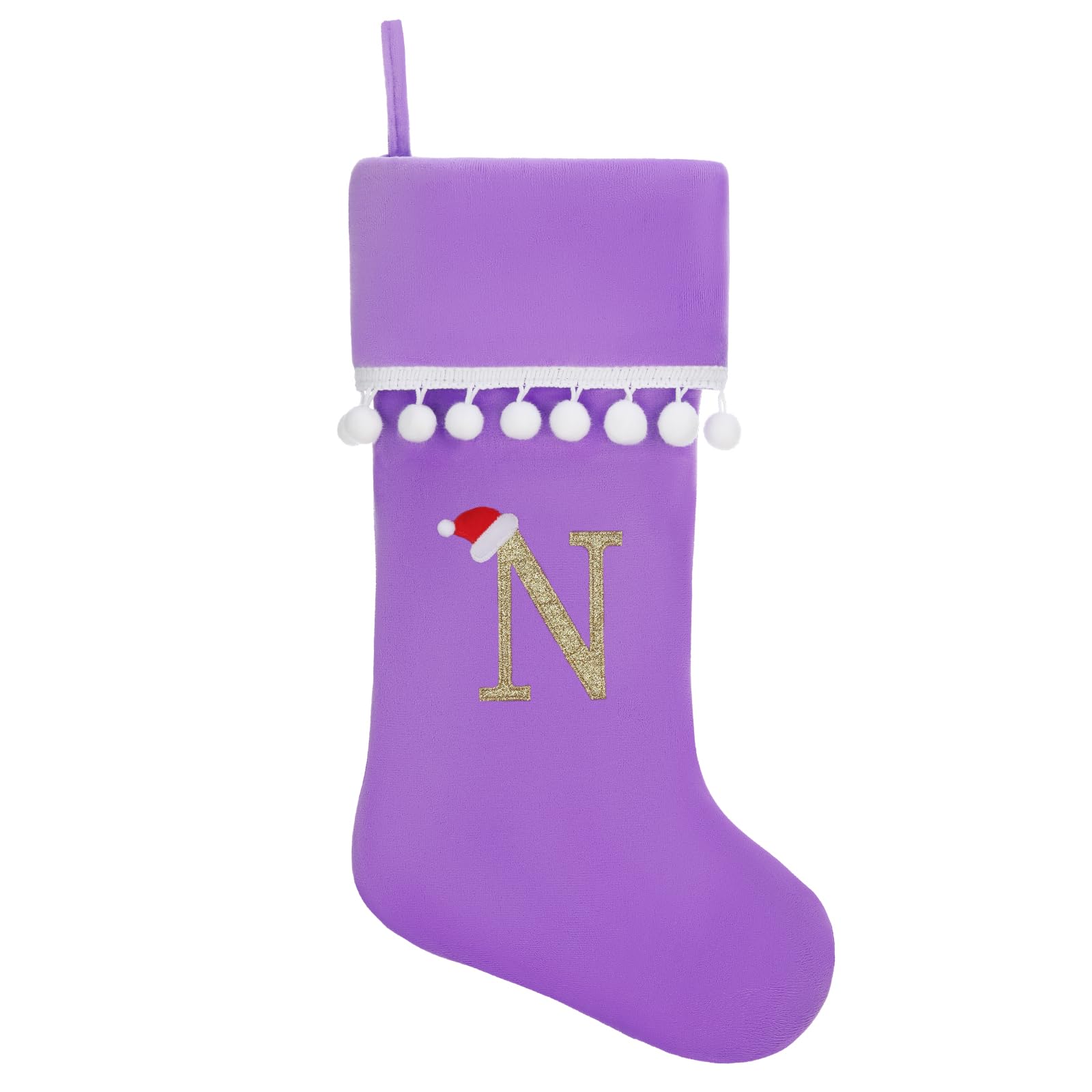 JKSVE Personalized Christmas Stocking - 19 Inch Purple Velvet Stockings, Embroidery Initial with White Pom Pom Trim, Holiday Fireplace Mantel & Xmas Party Decor, Letter N