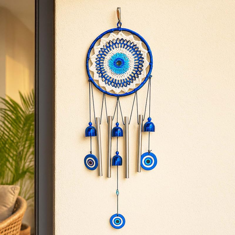Amazon Brand – Umi Evil Eye Dreamcatcher Wind Chime with Bells & Hanging Beads 64cm Height| Blue Wall Hanging Decoration for Positive Energy, Good Luck & Home Décor, Balcony, Living Room & Gift (F1)