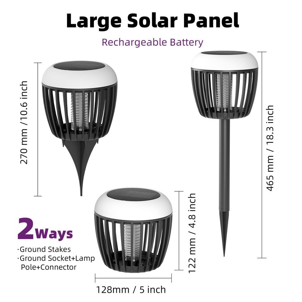 Zapper solare per esterni, impermeabile, alimentato a energia solare, con luce a LED, lampada per catturare zanzare, piccole zapper volanti per patio, giardino, cortile, campeggio (nero, 2 pezzi)