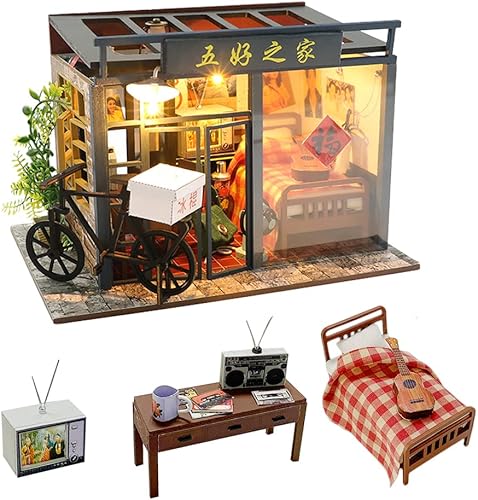 Kit de casa de muñecas nostålgica china en miniatura, casas de juguetes ensambladas, casa de muñecas DIY con luces LED 3D creativas para habitación