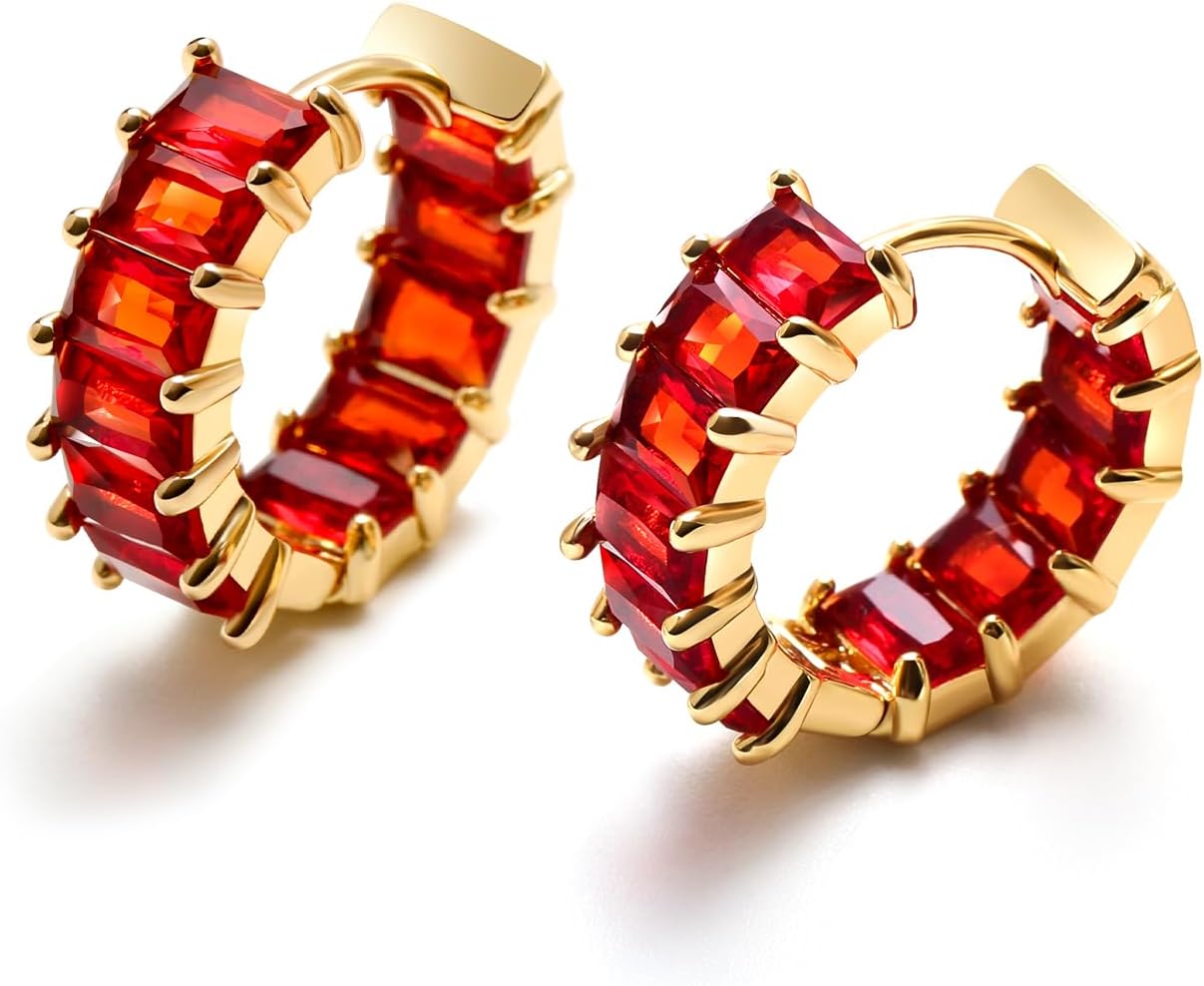 Mesovor Gold Cubic Zirconia Hoop Earrings for Women Trendy, 18K Gold Plated Huggie Hoops Earrings | Green Black Red Stones Earrings Jewelry Gifts