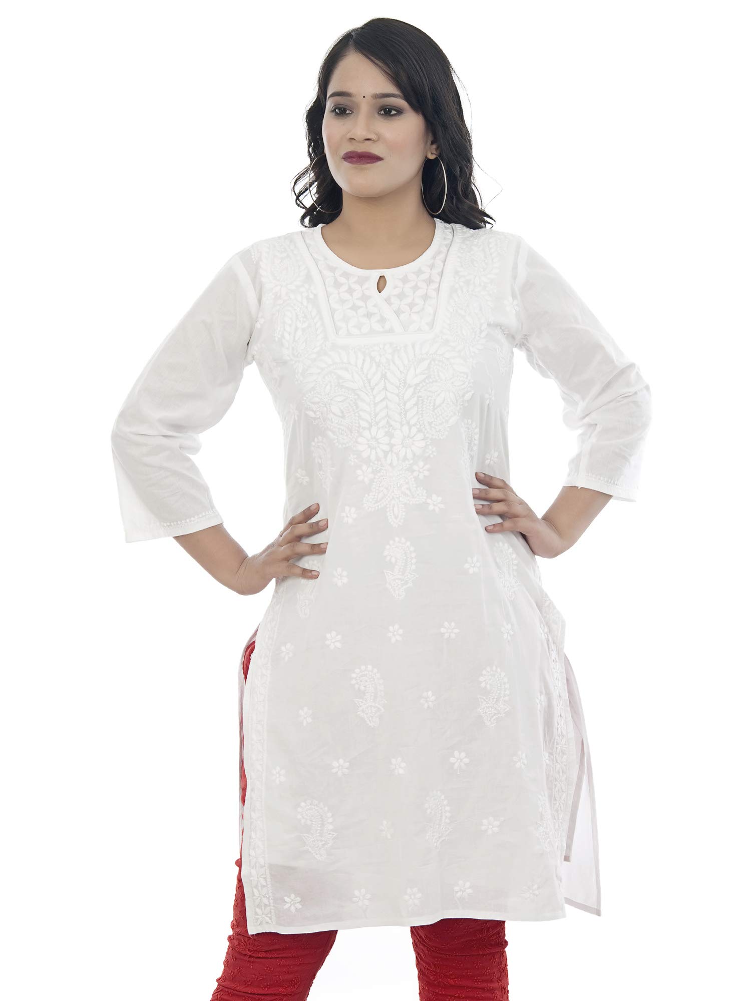 Women Cotton Straight Hand Embroidered Lucknow Chikankari Dori Neck Kurta Kurti White-image-15