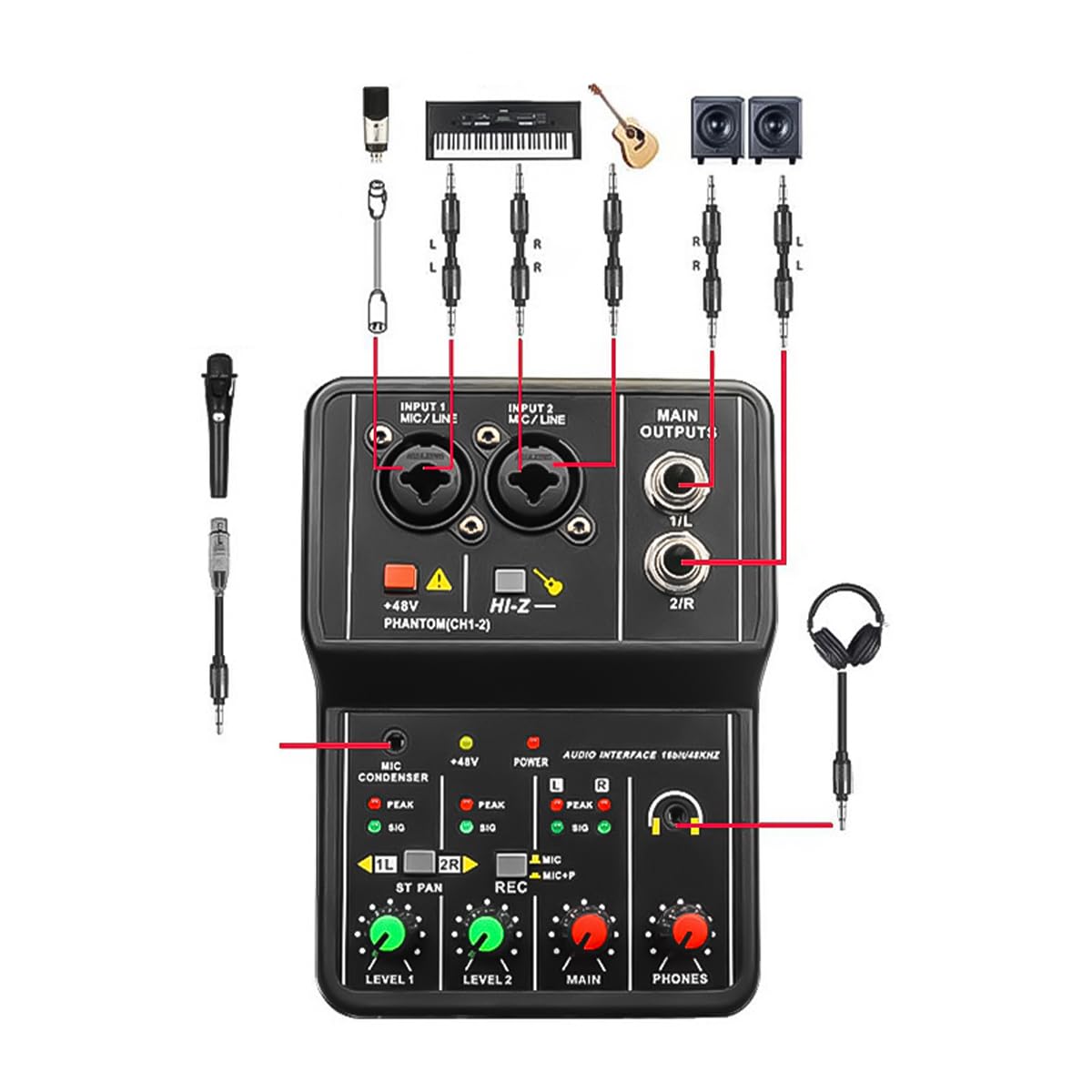 Mixer Senza unità Scheda Audio USB 48V Mixer Portatile Mini 2 canali
