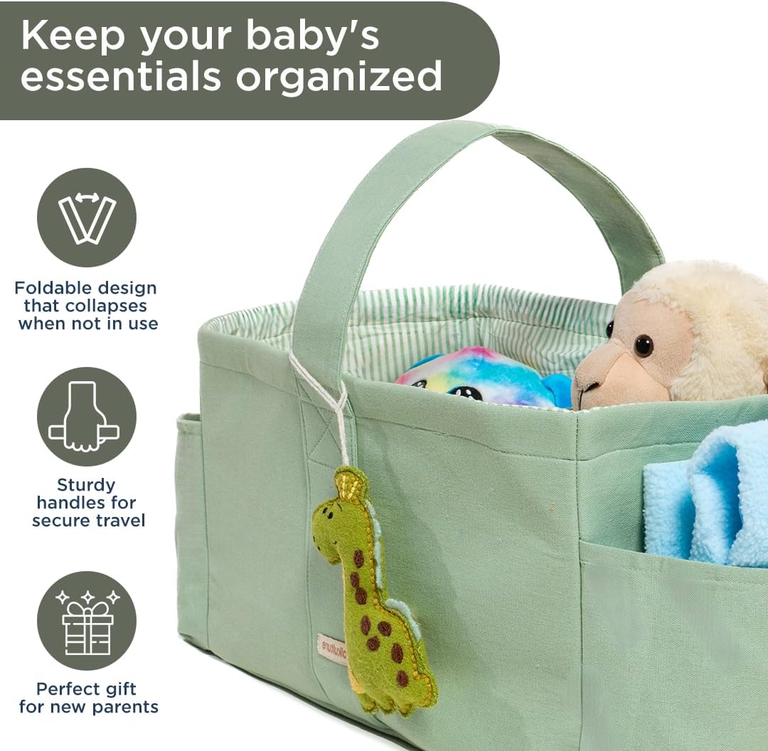 Folkulture Baby Diaper Caddy | Cotton Diaper Bag for Kids - Stylish Comfort Spacious Travel Essential Cart | Nursery Storage Bin and Car Organizer for Diapers, Wipes - (Sage Green - 15")