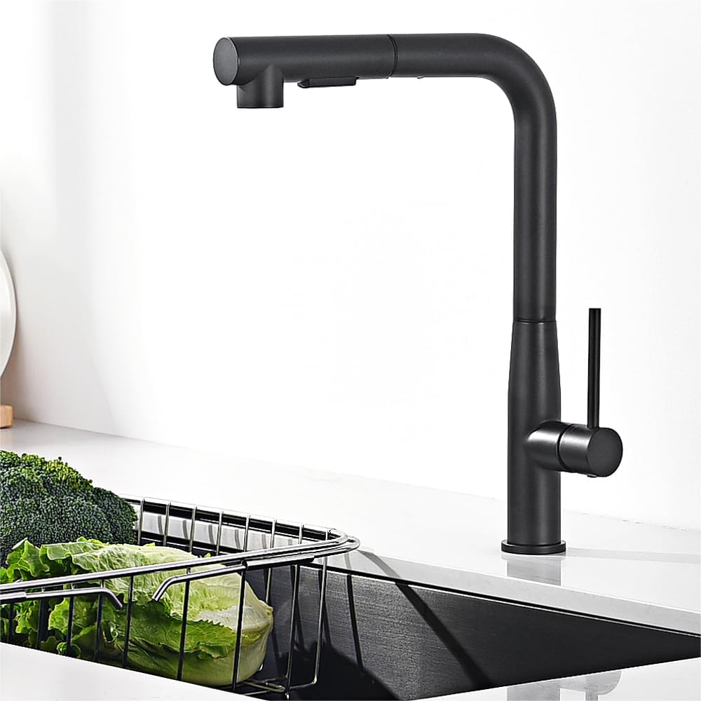 Waterfall Küchenarmatur Schwarz – Ausziehbar, 360° Drehbar, Mit 3 Strahlarten (Wasserfall, Strahl, Hochdruck) | Für Einzel- & Doppelspülen, 50 Cm Schlauch
